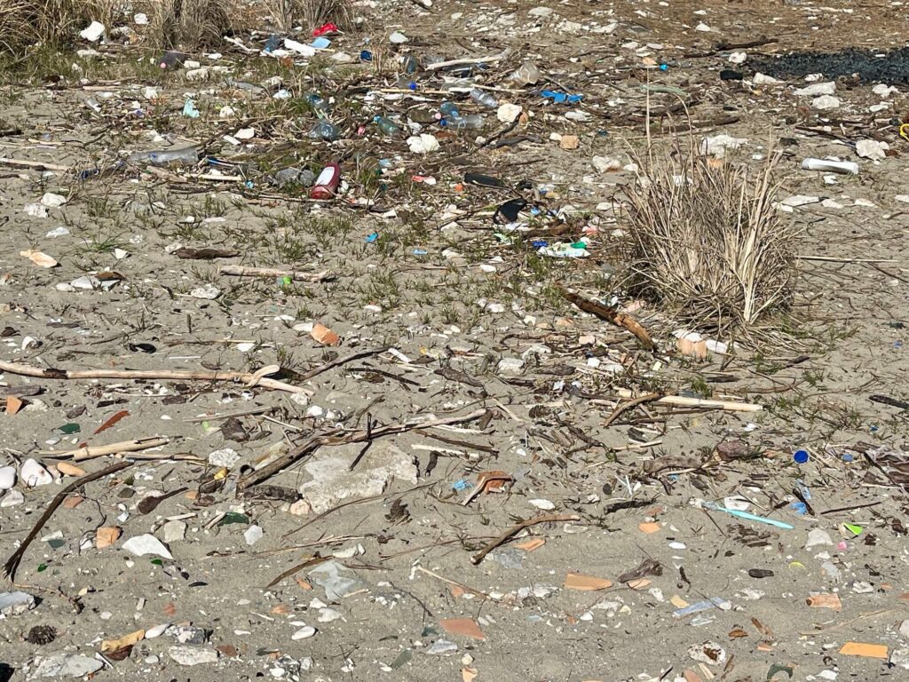 Kleinteiliger Plastikmüll am Strand in Vlora