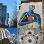 Kollage mit Hochhäusern Streetart und Deckenbemalungen in Moscheen
