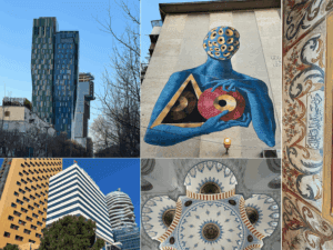 Kollage mit Hochhäusern Streetart und Deckenbemalungen in Moscheen