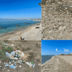 Kollage die Strände und Plastikmüll zeigt