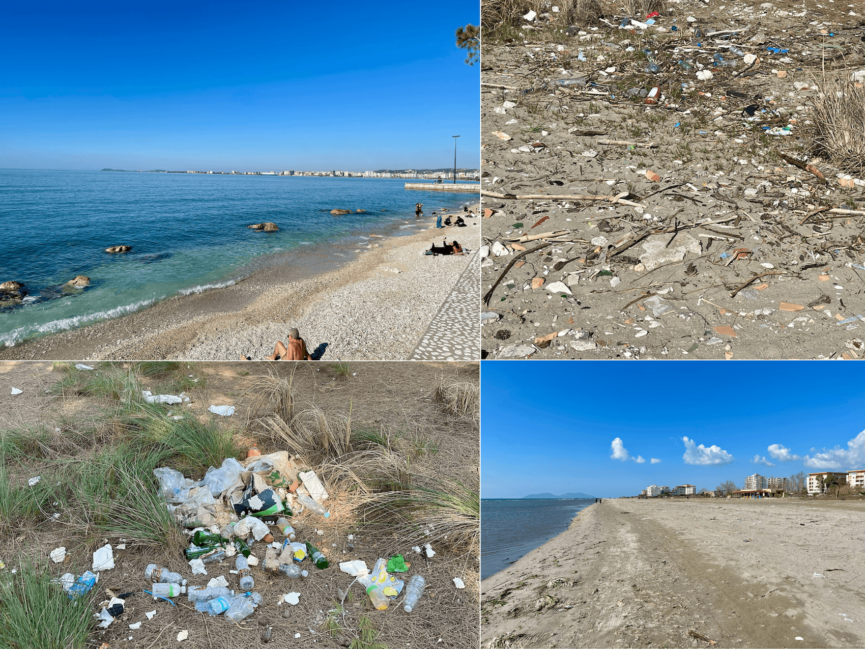 Kollage die Strände und Plastikmüll zeigt