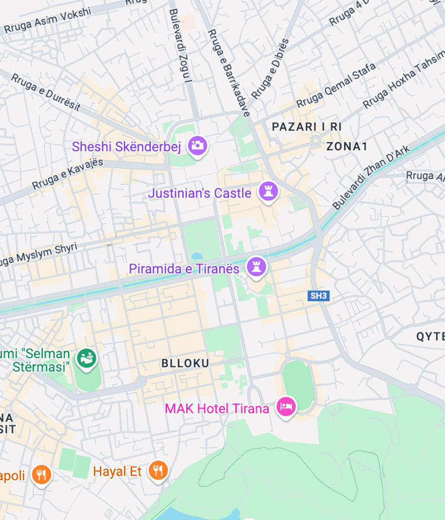 Google Maps Kartenansicht von Tirana Zentrum