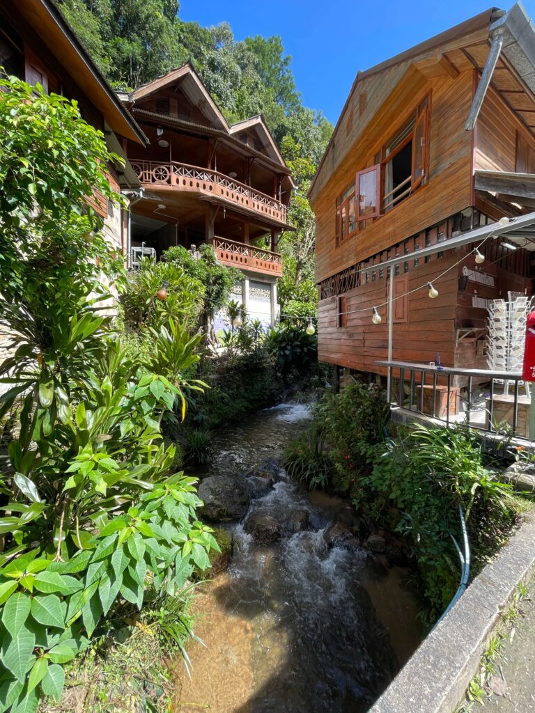 Blick auf traditionelle Häuser und Fluss in Chiang Mai