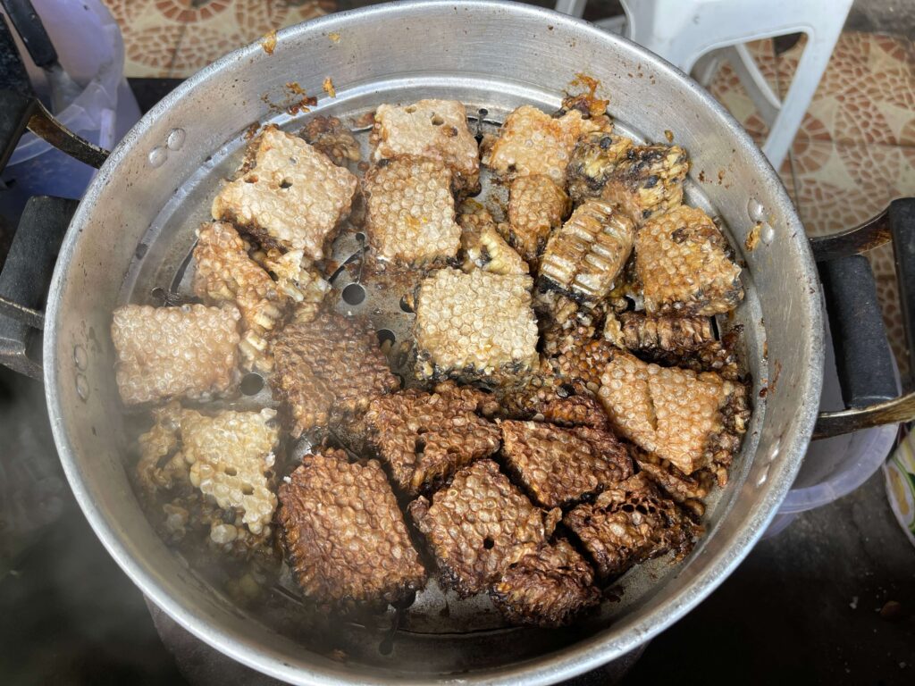 Gebratene Bienenwaben mit Maden darin